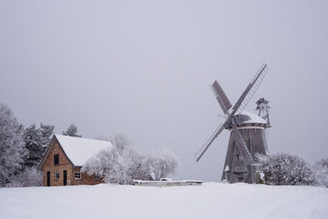 Die Windmühle in Benz auf der Insel Usedom im Winter. - obrazy, fototapety, plakaty