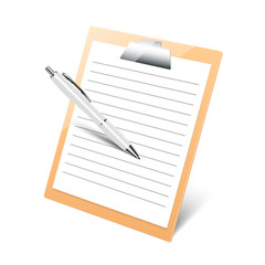Clipboard with pen on white background