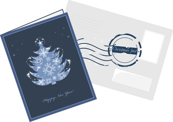 Christmas greeting card and envelop with post stamp