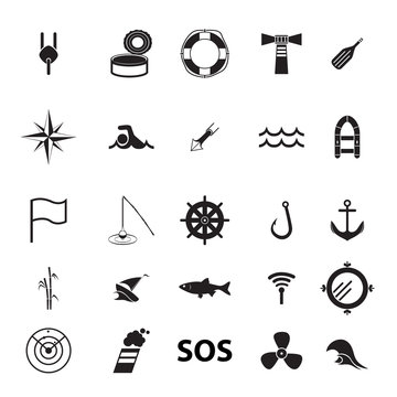 set of icons on the theme of fishing and the sea