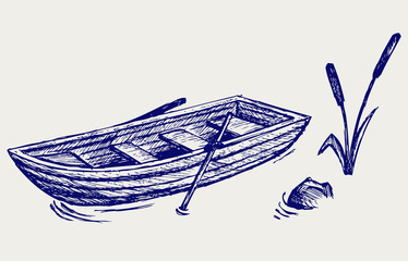 Wooden boat with paddles. Doodle style