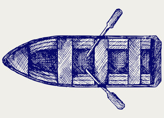 Wooden boat with paddles. Doodle style