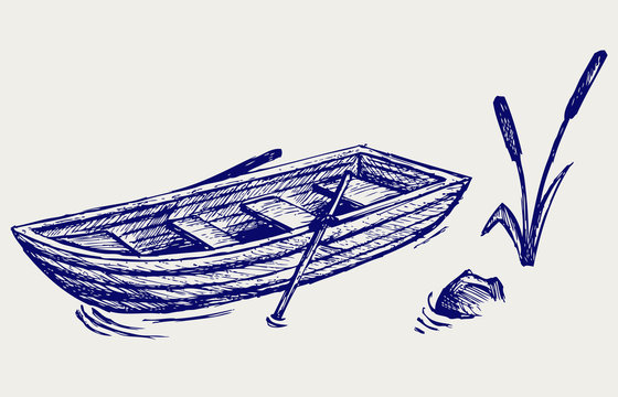 Wooden Boat With Paddles. Doodle Style