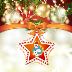 Christmas star with snowman, bow and pine tree