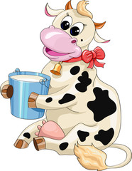 Vache tachetée de dessin animé avec un seau de lait