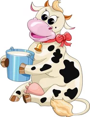 Poster de jardin Ferme Vache tachetée de dessin animé avec un seau de lait