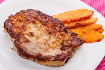 Roast pork on white plate