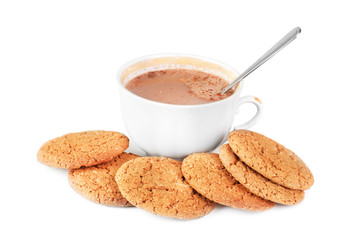 Cocoa in a cup and oatmeal cookies isolated on a white