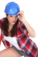 Woman with blue helmet
