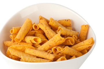 cheese potato chips in a white bowl