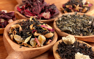assortment of dry tea in spoons, on wooden background