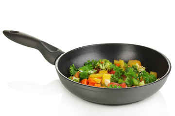 Sliced fresh vegetables in pan isolated on white