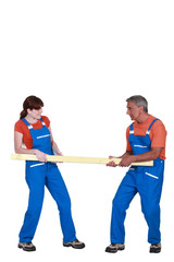 Two carpenters with plank of wood