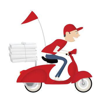 Funny pizza delivery boy riding red motor bike