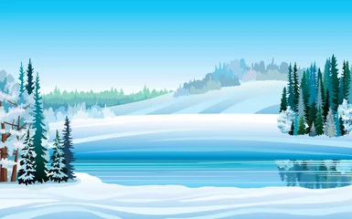 Poster Vector winterlandschap met meer en bos © Natali Snailcat