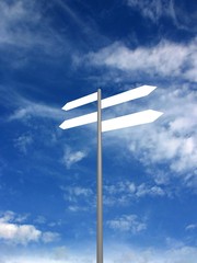 Signpost on beautiful background of blue sky. 3D render.