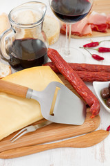 cheese and sausages on a wooden desk