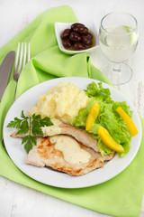 turkey with salad and potato on the plate