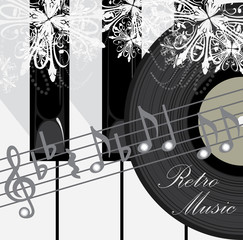 Piano keys, disc and notes. Retro music background