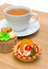 cake with fruit and a cup of tea