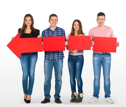 Group Of People Holding A Long, Red Arrow