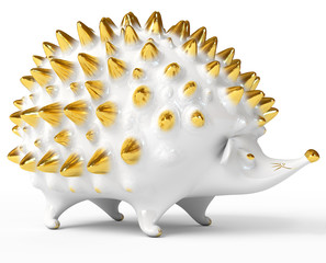 Ceramic hedgehog figurine over white. 3d render © kharlamova_lv