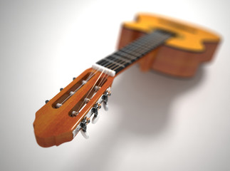 Classical acoustic guitar. 3d render. Depth of field
