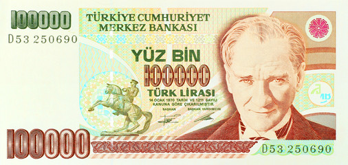 100,000 Lira Turkish old banknote, front