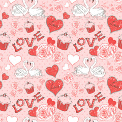 Valentine romantic retro seamless pattern with hearts and swans
