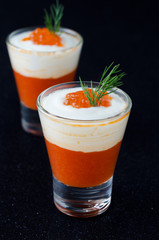 appetizer of sweet pepper, cream and red caviar, two servings