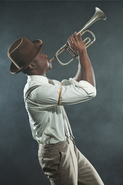 Black American Jazz Trumpet Player. Vintage. Studio Shot.