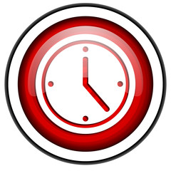 clock red glossy icon isolated on white background