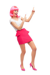 Attractive woman pointing up