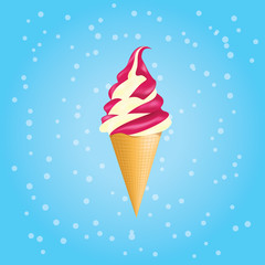 Vanilla and strawberry ice cream in a waffle cone