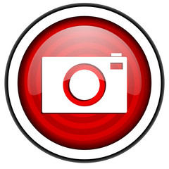 camera red glossy icon isolated on white background