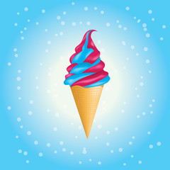 Bubble and strawberry ice cream in a waffle cone