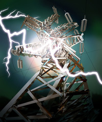 Power Transmission Line. Lightning strike. Crash. 3d render