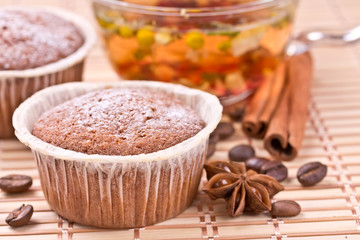 Fototapeta na wymiar Chocolate cake and herbal tea.