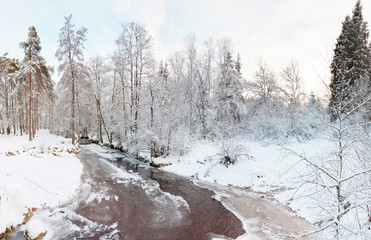 Winter landscape with creek and snow. Panoramic shot.