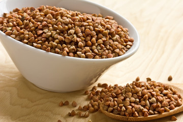 Dry buckwheat  in ceramic bowl