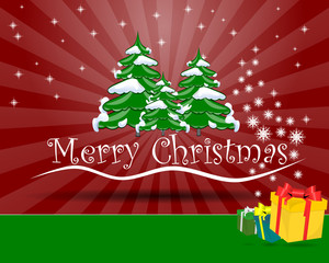 Merry Christmas red card and tree and stars and rays