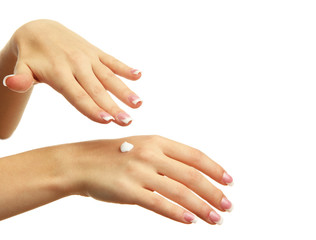 Beautiful woman hands with cream, isolated on white