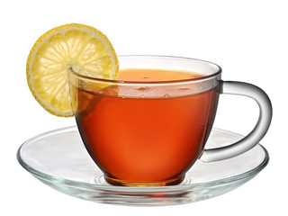 tea in cup with lemon isolated on white background