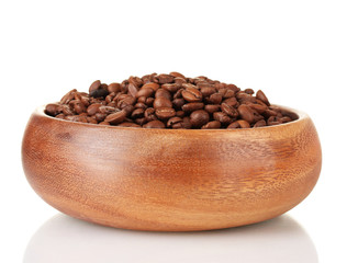 Coffee beans in wooden bowl isolated on white