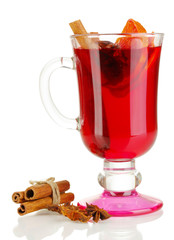 Fragrant mulled wine in glass isolated on white