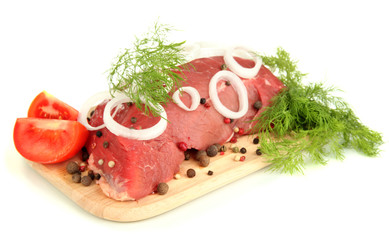 Raw beef meat marinated with herbs and spices isolated on white