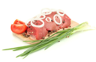 Raw beef meat marinated with herbs and spices isolated on white