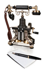 Retro Phone, Pen and Notepad - Vintage Telephone Set isolated on