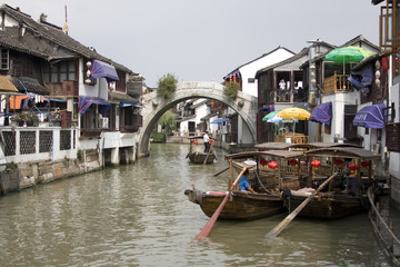 Traditional water taxis in the center of town, Zhujiajiao, China