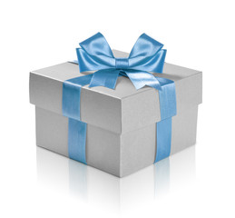 Silver gift box with blue ribbon over white background.